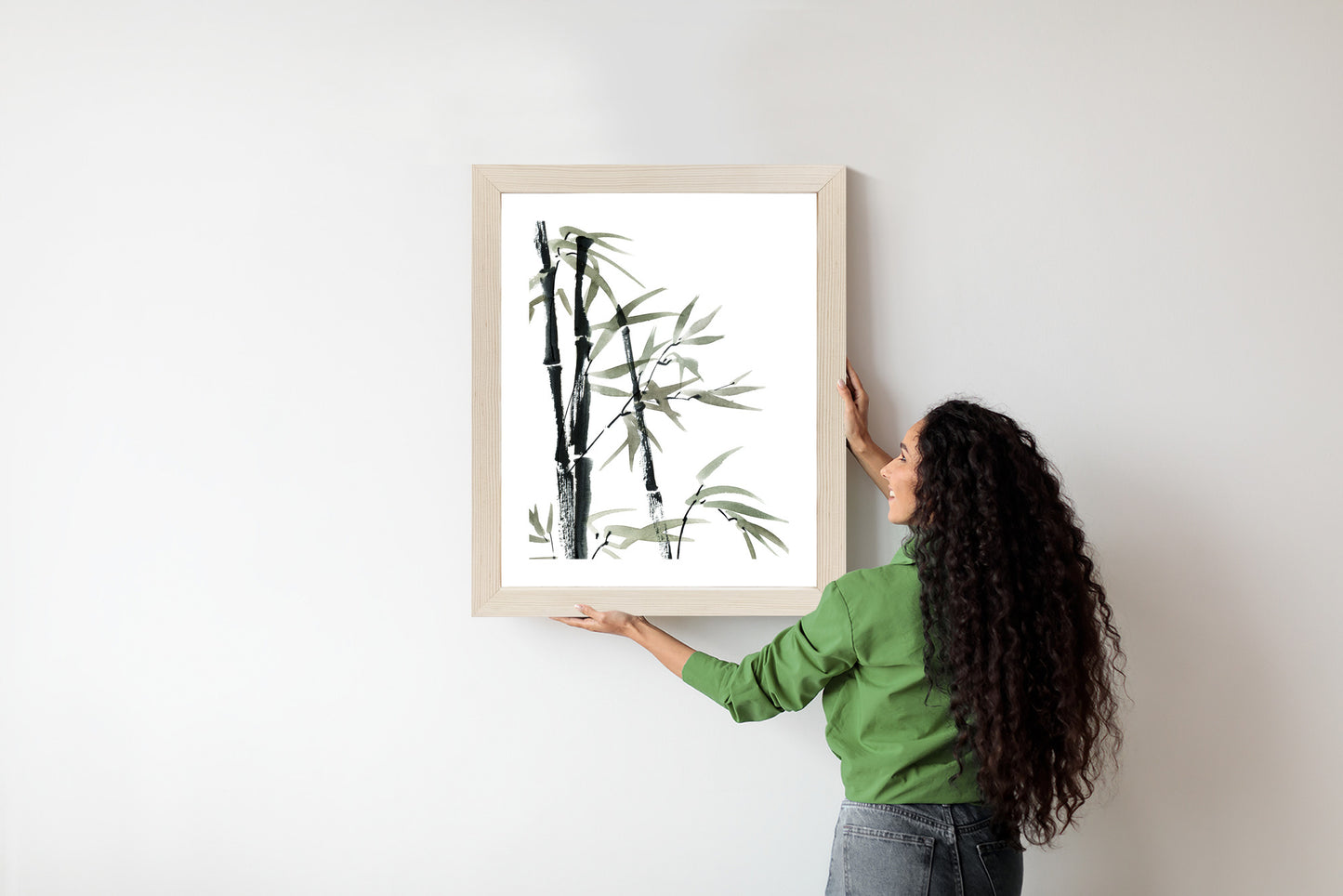 Poster Aquarell Bambus Und Blätter Rahmen Holz Mit Passepartout Farbe Natürlich