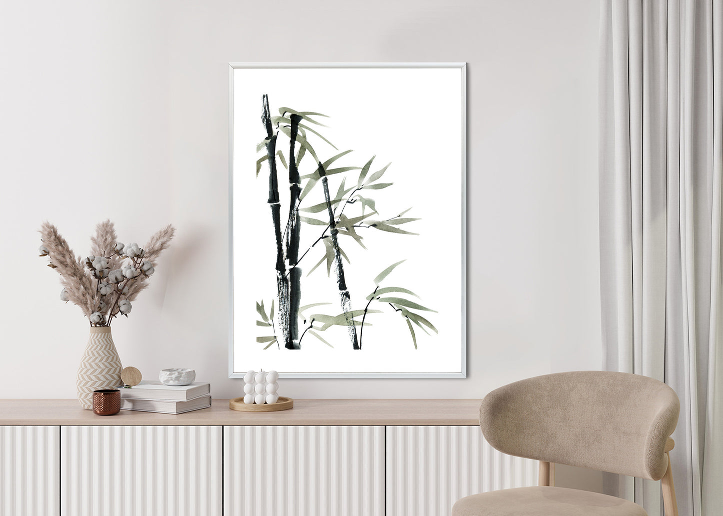 Poster Aquarell Bambus Und Blätter Rahmen Holz Mit Passepartout Farbe Natürlich