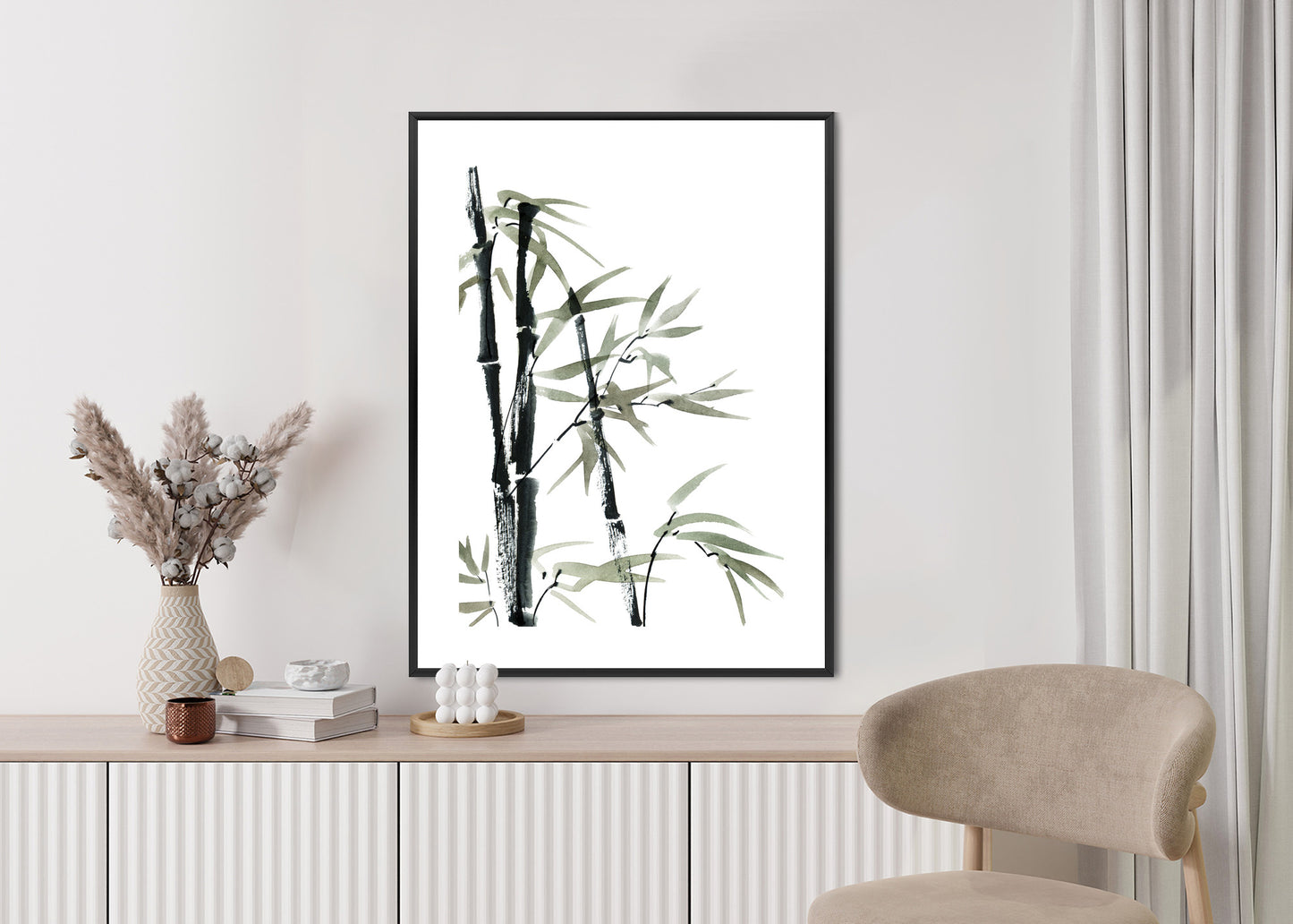 Poster Aquarell Bambus Und Blätter Rahmen Holz Mit Passepartout Farbe Natürlich