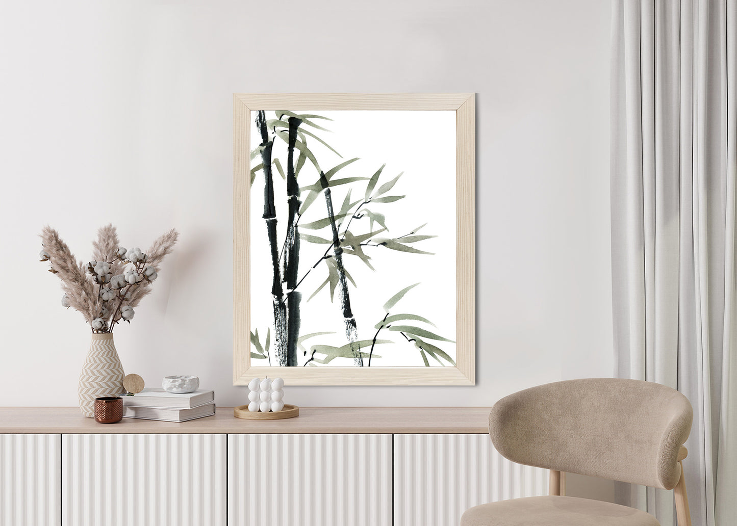 Poster Aquarell Bambus Und Blätter Rahmen Holz Mit Passepartout Farbe Natürlich