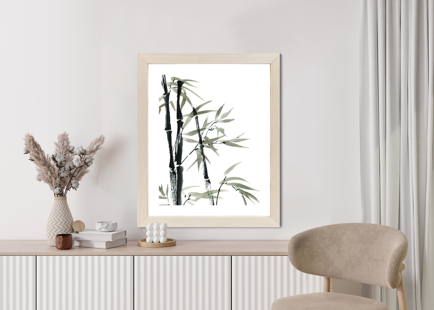 Poster Aquarell Bambus Und Blätter Rahmen Holz Mit Passepartout Farbe Natürlich