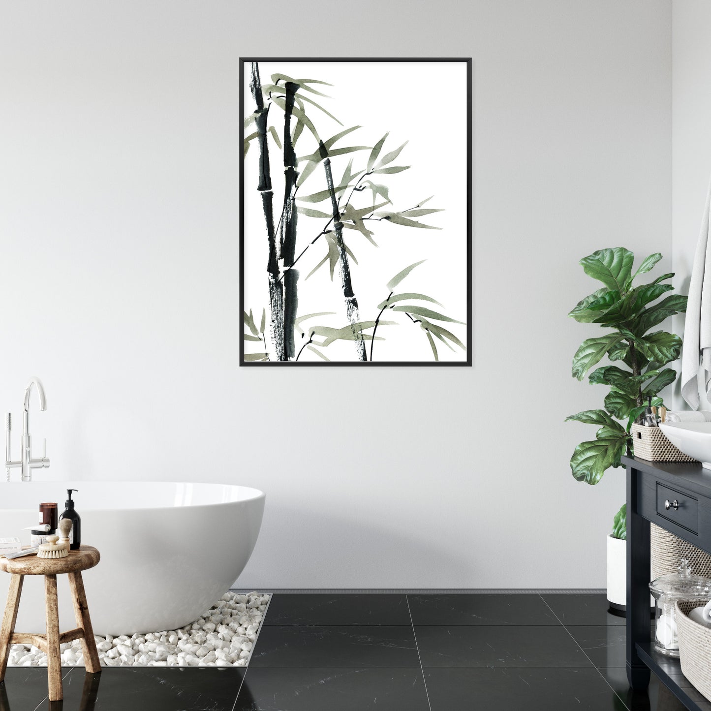 Poster Aquarell Bambus Und Blätter Rahmen Holz Mit Passepartout Farbe Natürlich