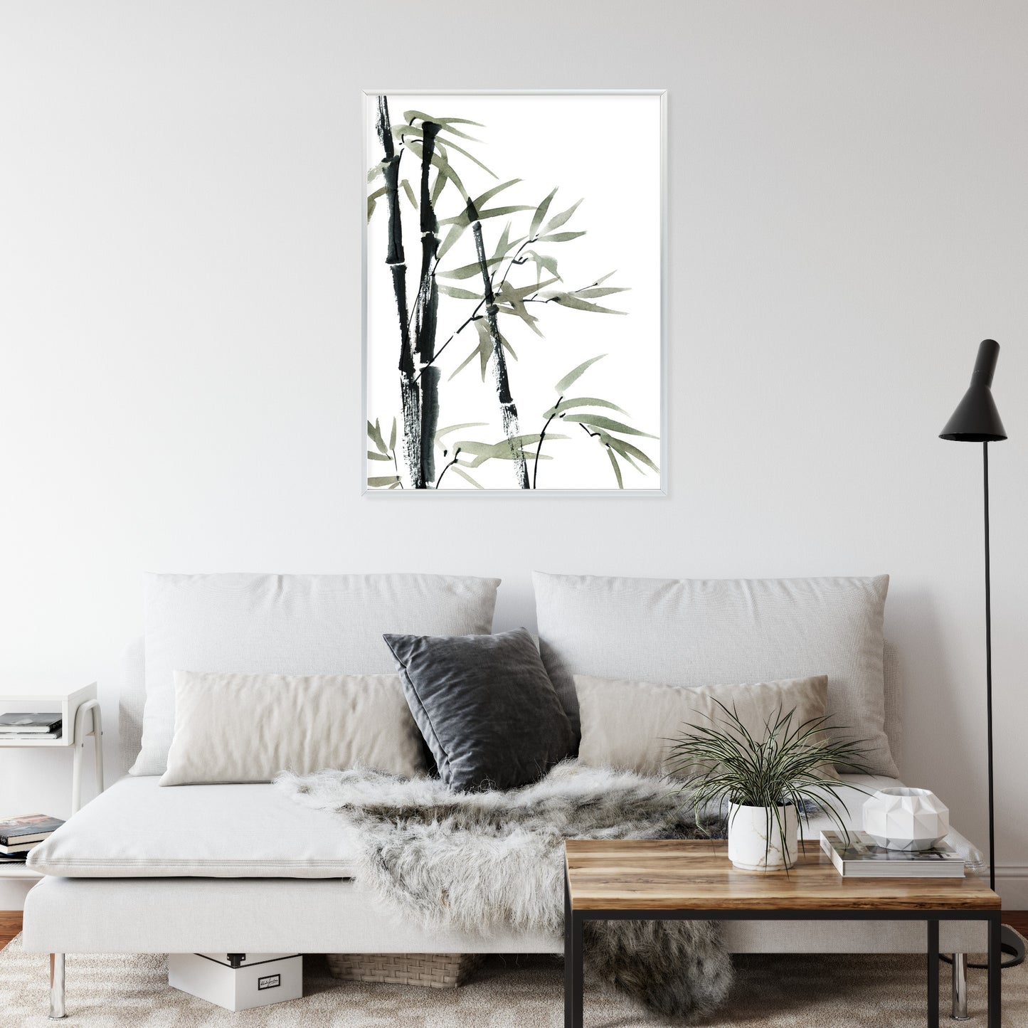 Poster Aquarell Bambus Und Blätter Rahmen Holz Mit Passepartout Farbe Natürlich
