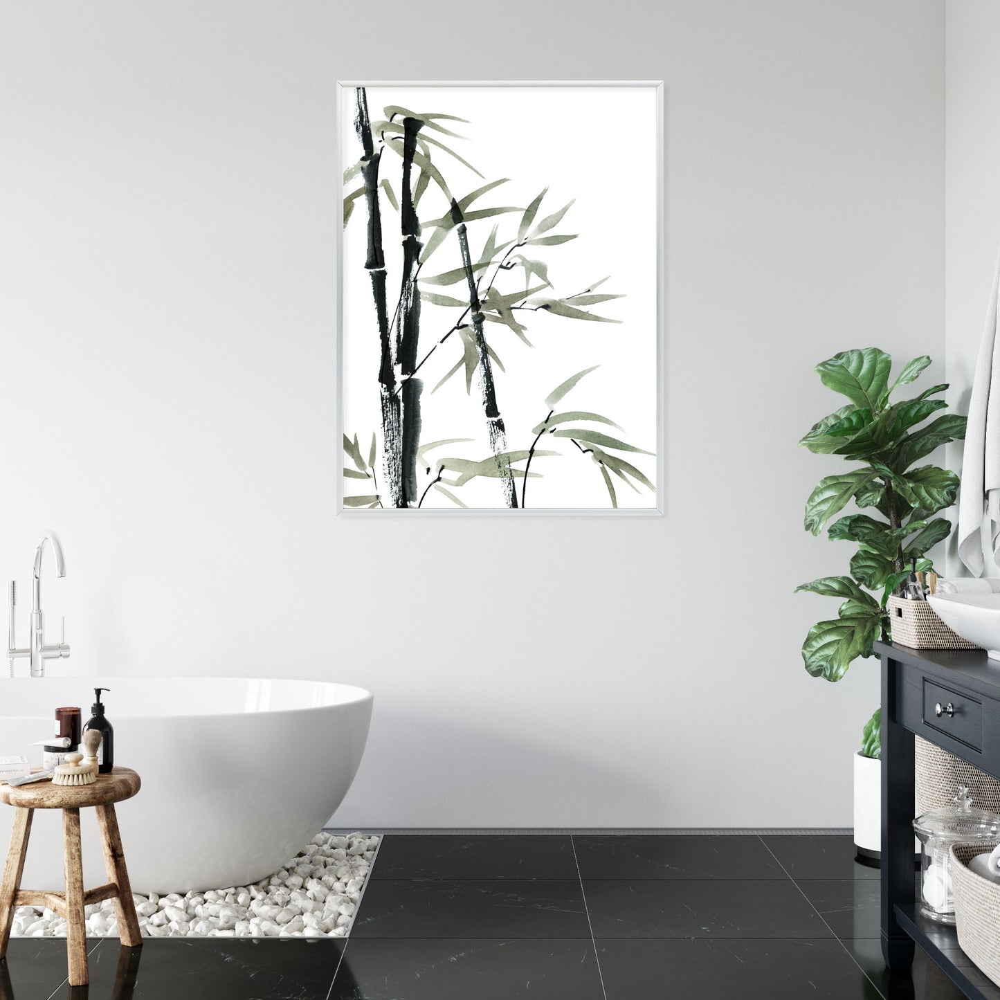 Poster Aquarell Bambus Und Blätter Rahmen Holz Mit Passepartout Farbe Natürlich