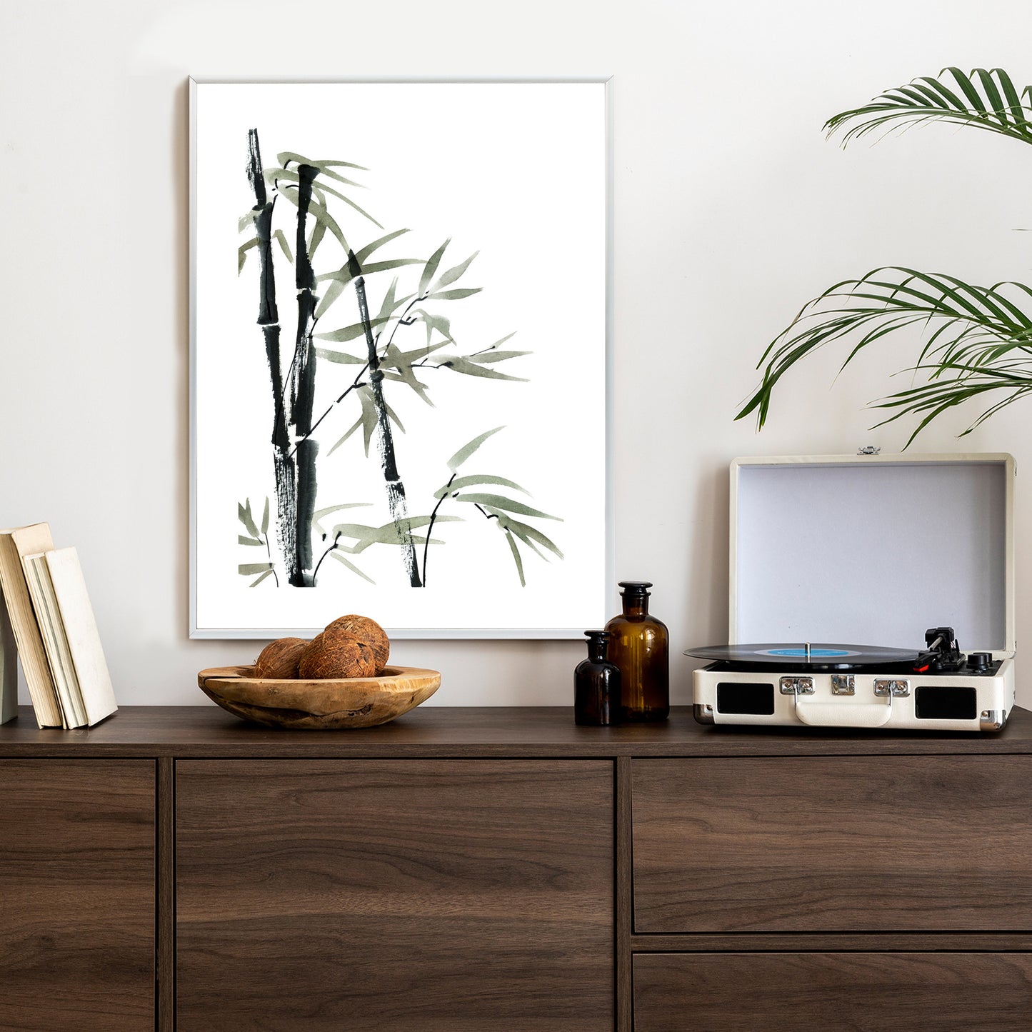 Poster Aquarell Bambus Und Blätter Rahmen Holz Mit Passepartout Farbe Natürlich