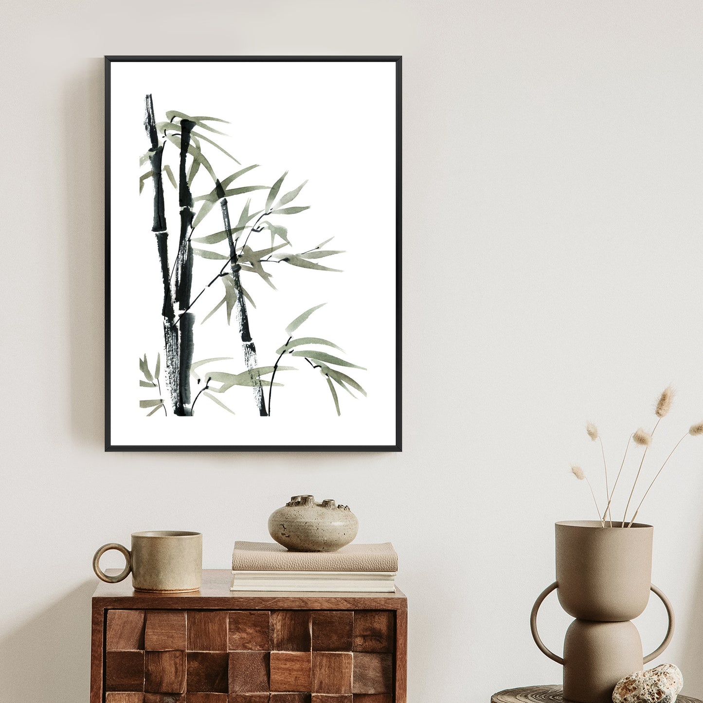 Poster Aquarell Bambus Und Blätter Rahmen Holz Mit Passepartout Farbe Natürlich