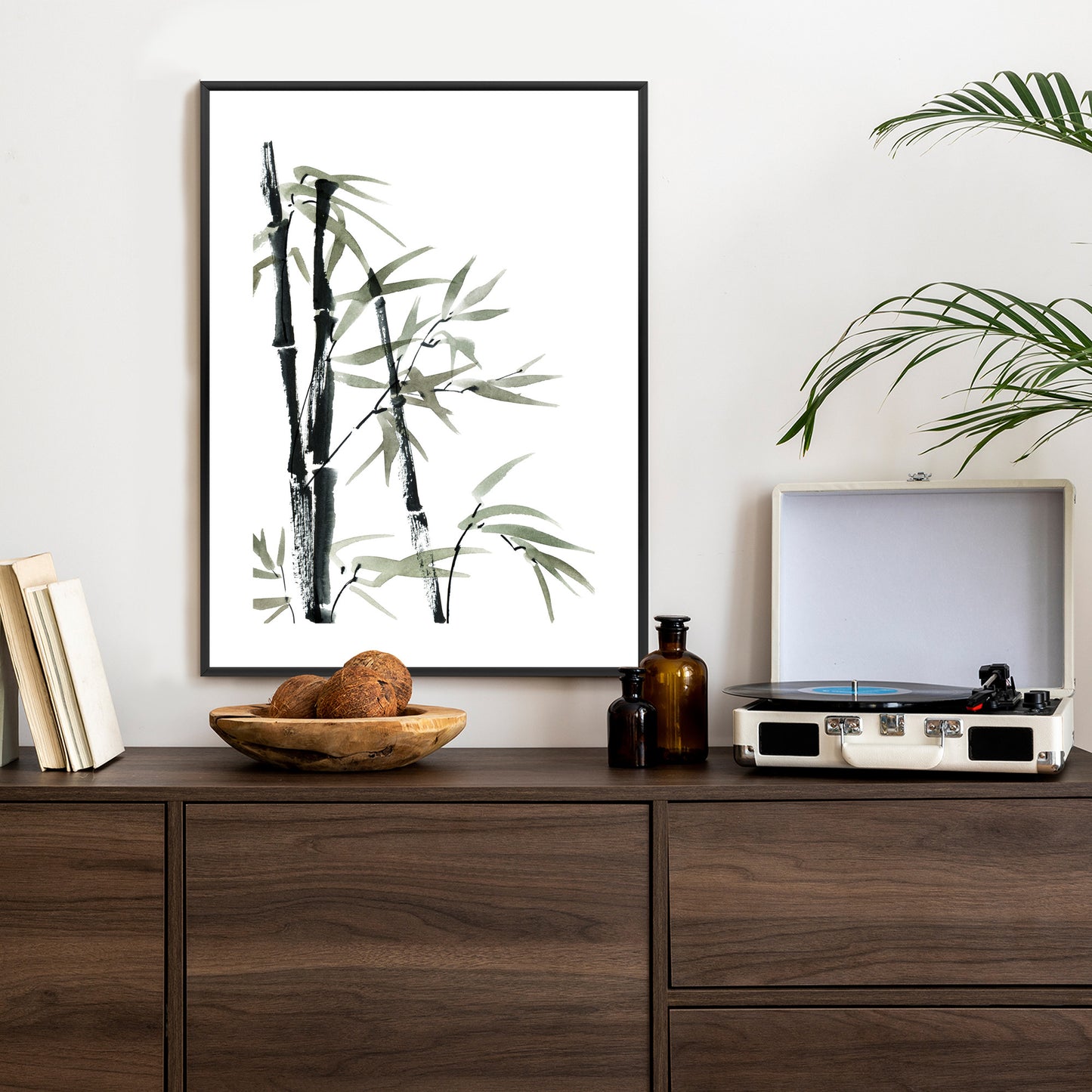 Poster Aquarell Bambus Und Blätter Rahmen Holz Mit Passepartout Farbe Natürlich