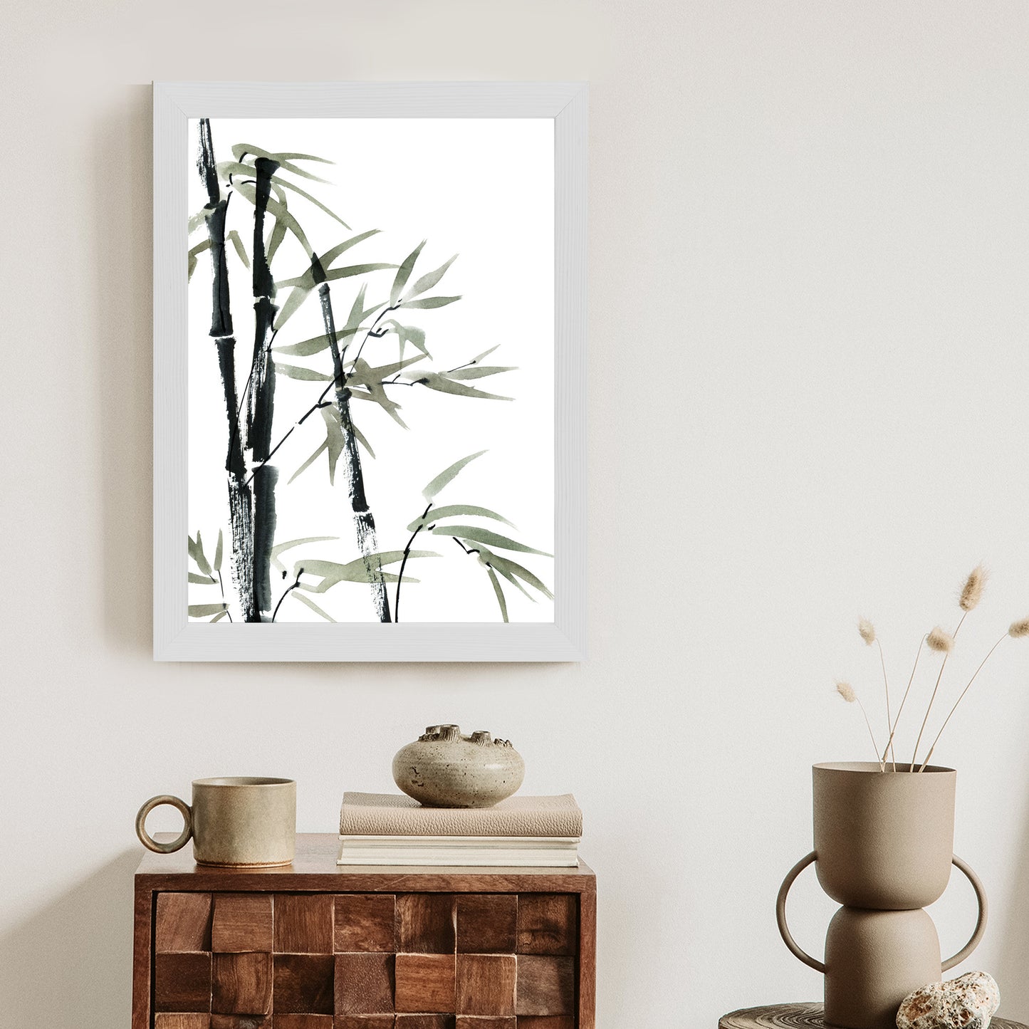 Poster Aquarell Bambus Und Blätter Rahmen Holz Mit Passepartout Farbe Natürlich