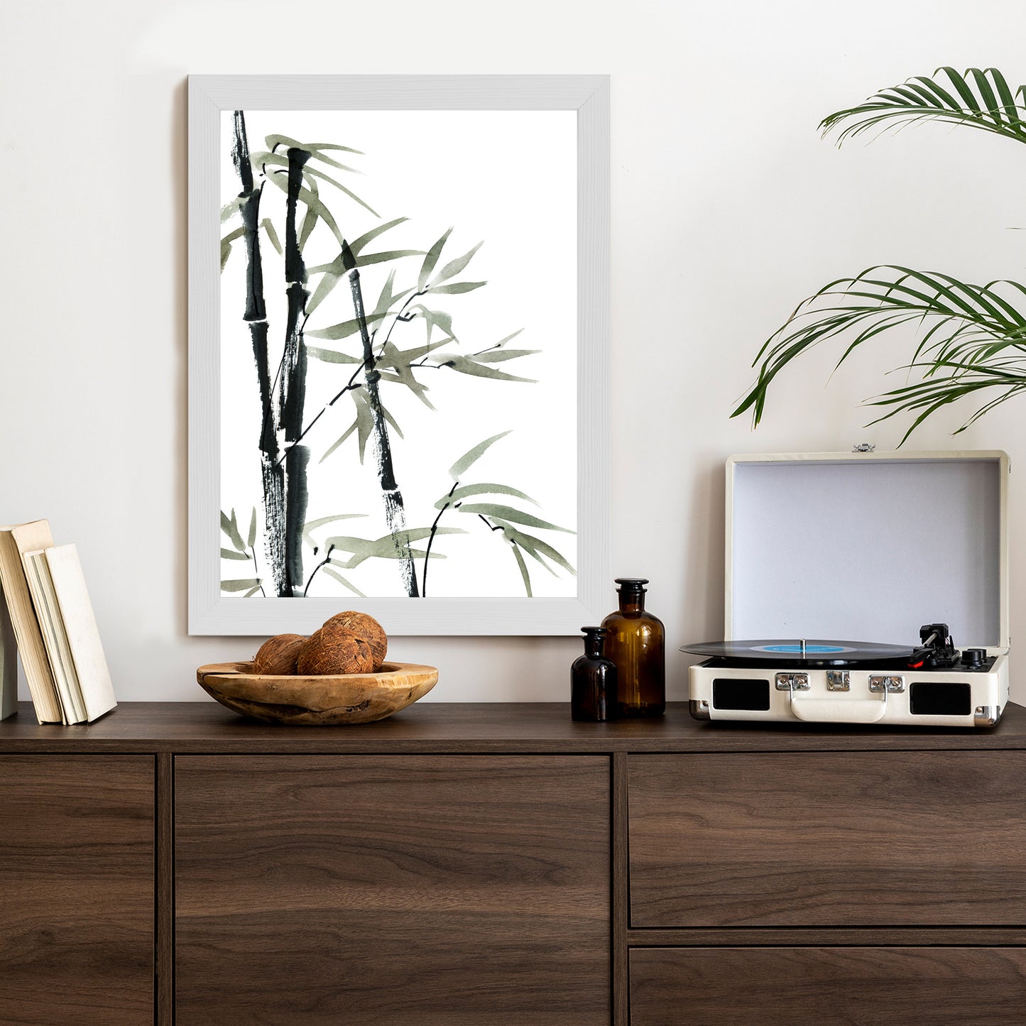 Poster Aquarell Bambus Und Blätter Rahmen Holz Mit Passepartout Farbe Natürlich