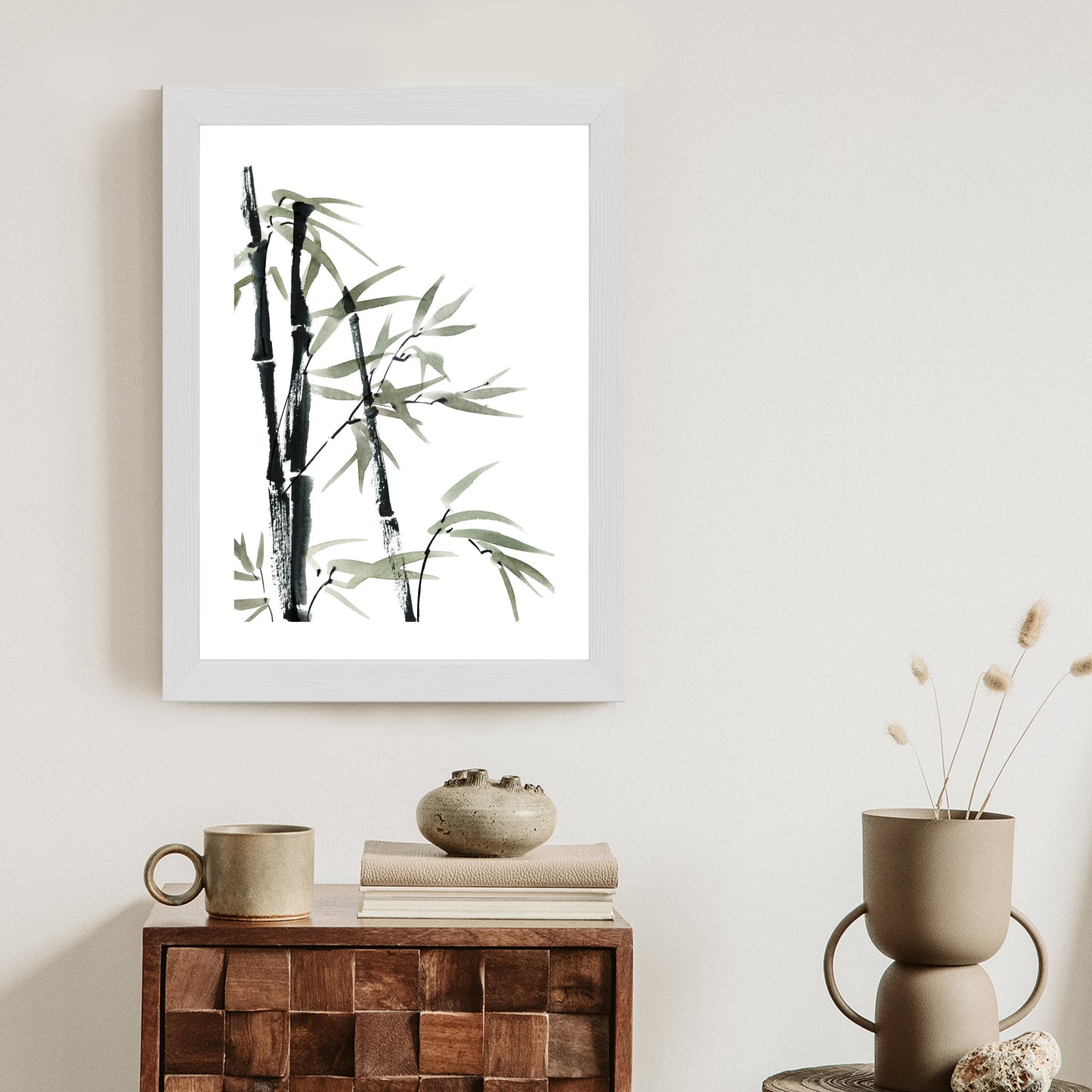 Poster Aquarell Bambus Und Blätter Rahmen Holz Mit Passepartout Farbe Natürlich