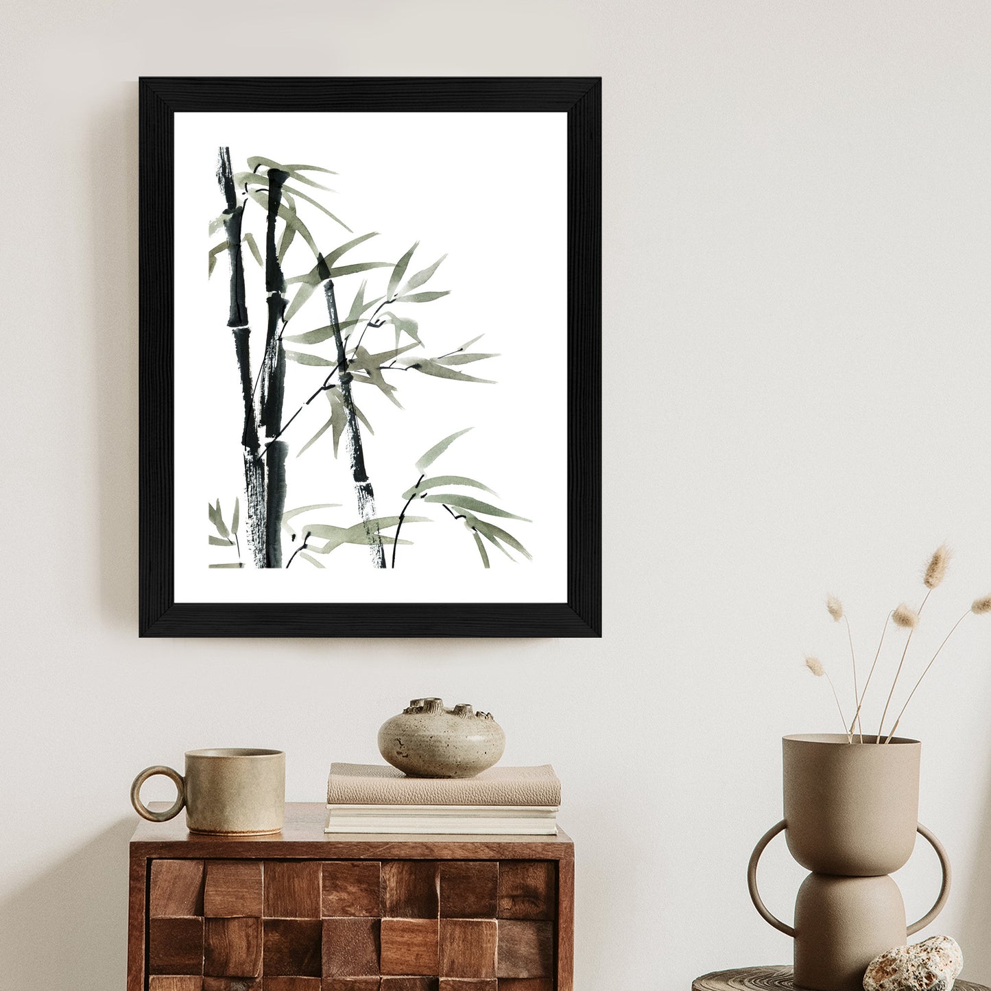 Poster Aquarell Bambus Und Blätter Rahmen Holz Mit Passepartout Farbe Natürlich