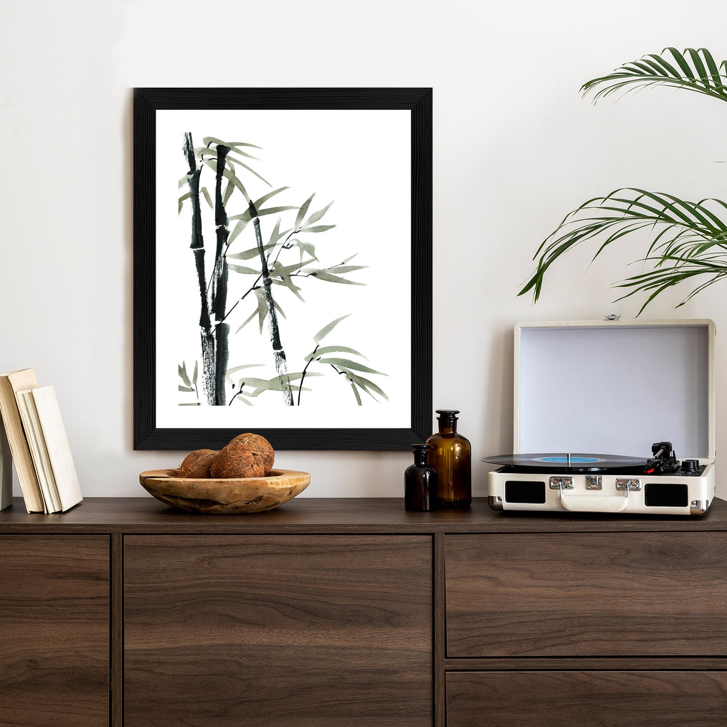 Poster Aquarell Bambus Und Blätter Rahmen Holz Mit Passepartout Farbe Natürlich