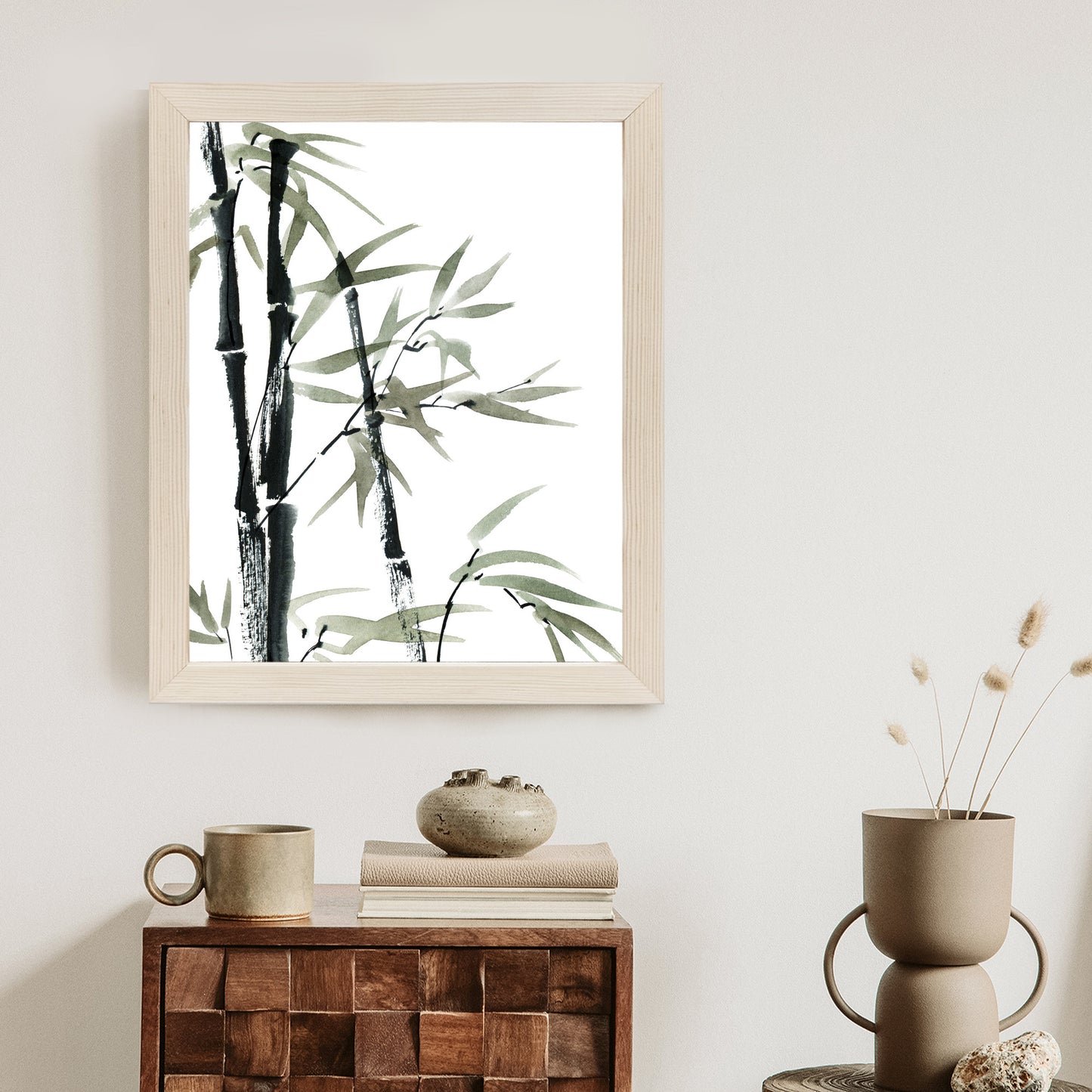 Poster Aquarell Bambus Und Blätter Rahmen Holz Mit Passepartout Farbe Natürlich