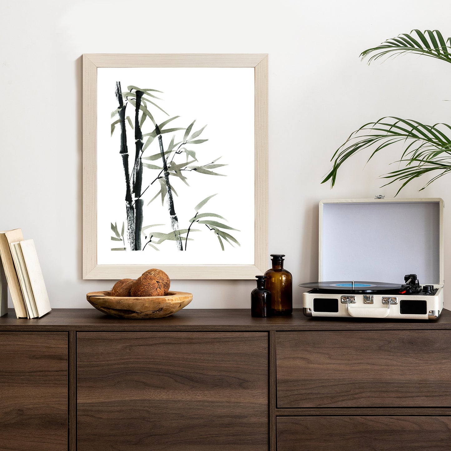 Poster Aquarell Bambus Und Blätter Rahmen Holz Mit Passepartout Farbe Natürlich