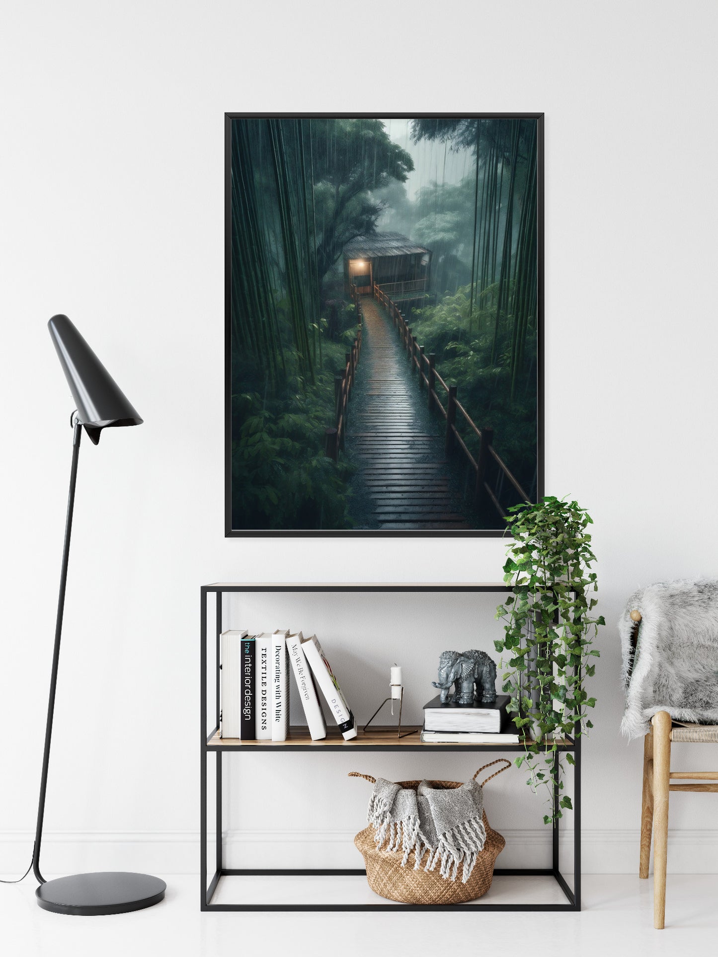 Poster Bambuswald Mit Bambushaus Rahmen Holz Mit Passepartout Farbe Natürlich
