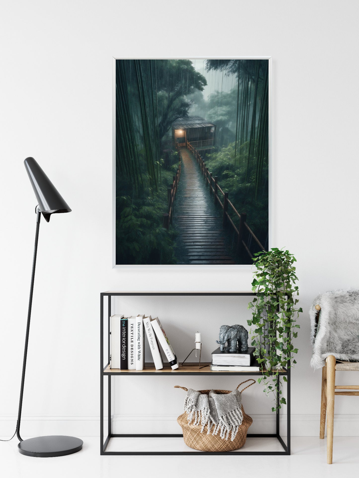 Poster Bambuswald Mit Bambushaus Rahmen Holz Mit Passepartout Farbe Natürlich
