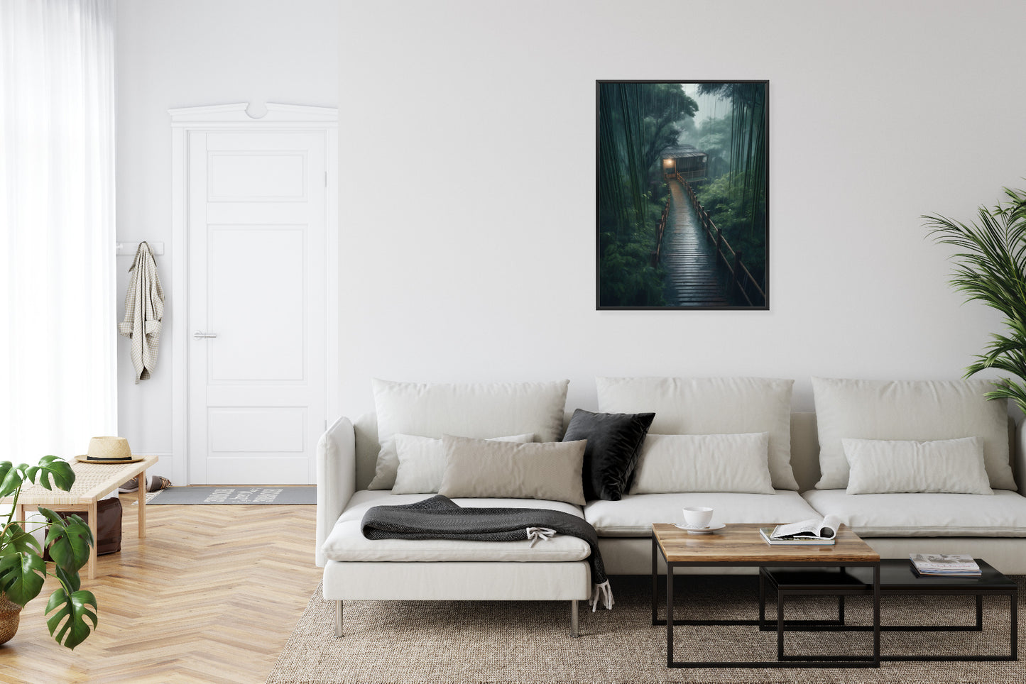 Poster Bambuswald Mit Bambushaus Rahmen Holz Mit Passepartout Farbe Natürlich