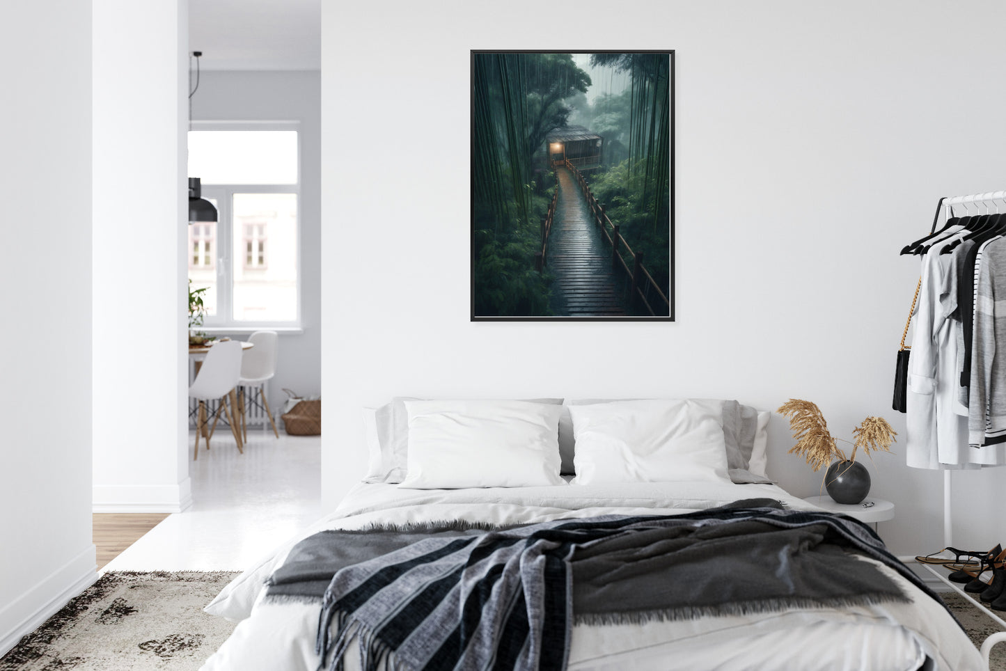 Poster Bambuswald Mit Bambushaus Rahmen Holz Mit Passepartout Farbe Natürlich