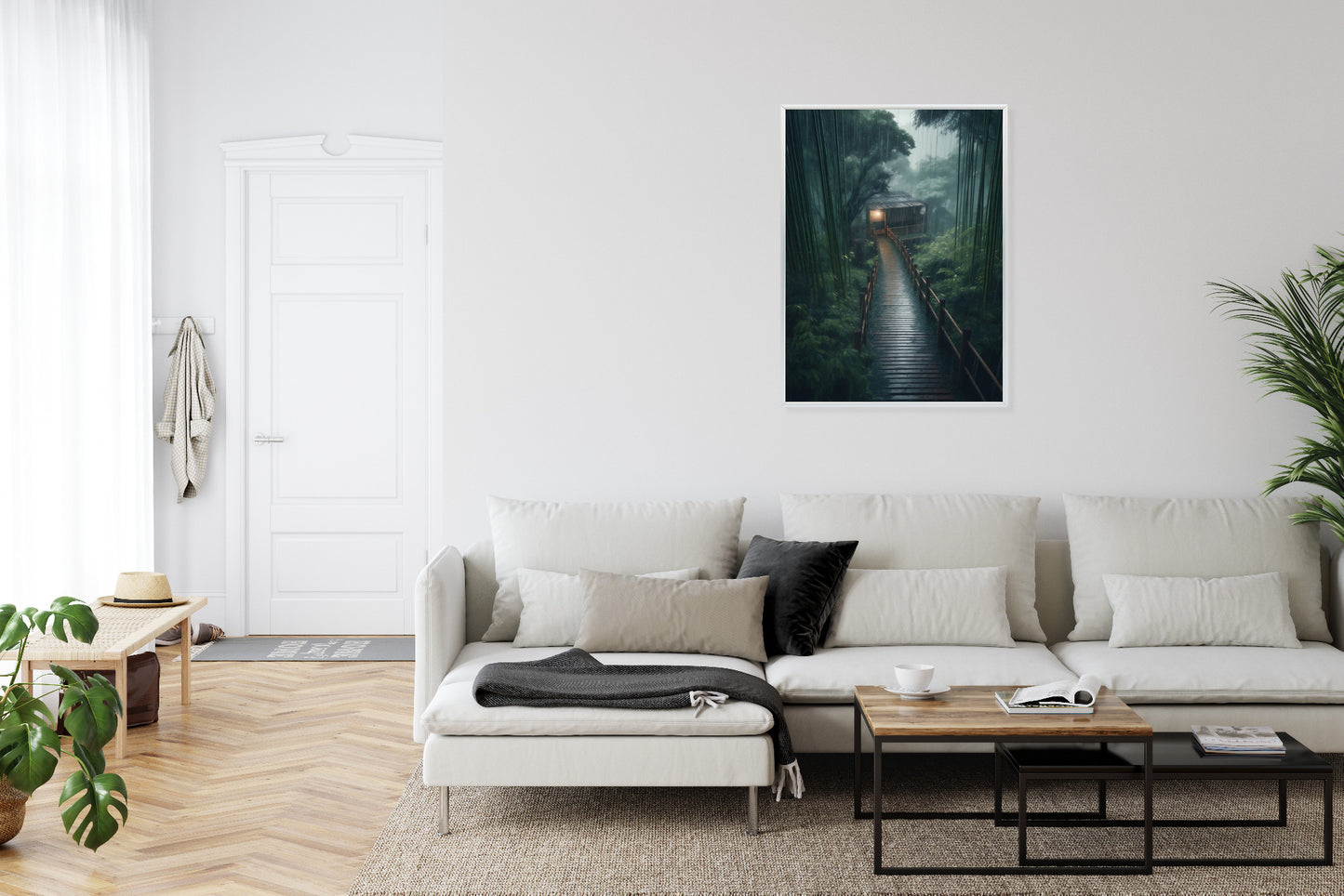 Poster Bambuswald Mit Bambushaus Rahmen Holz Mit Passepartout Farbe Natürlich