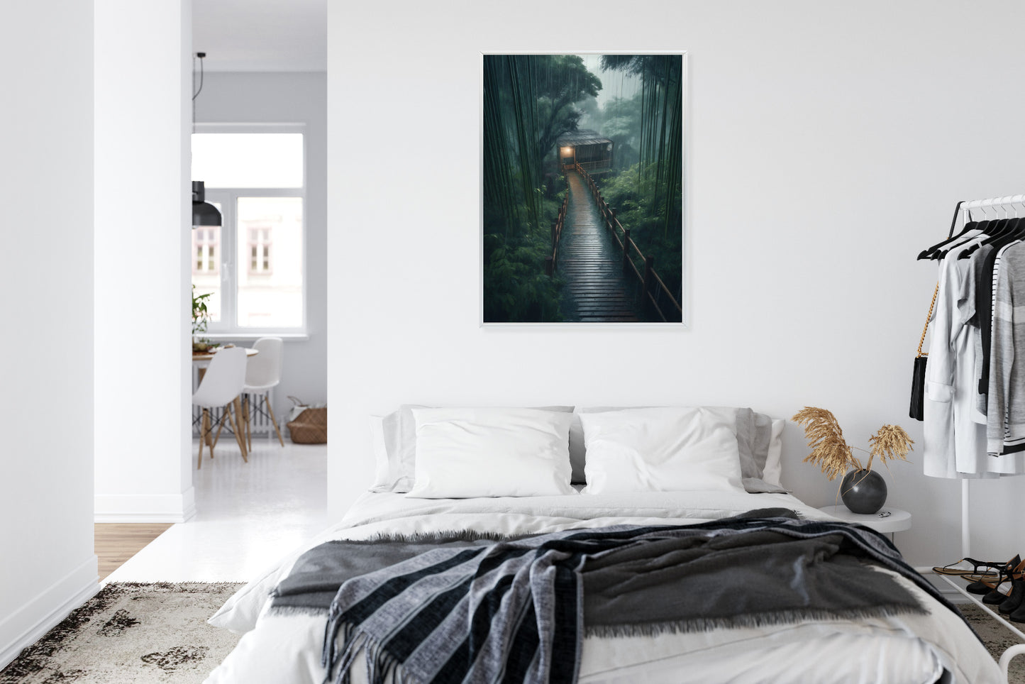 Poster Bambuswald Mit Bambushaus Rahmen Holz Mit Passepartout Farbe Natürlich
