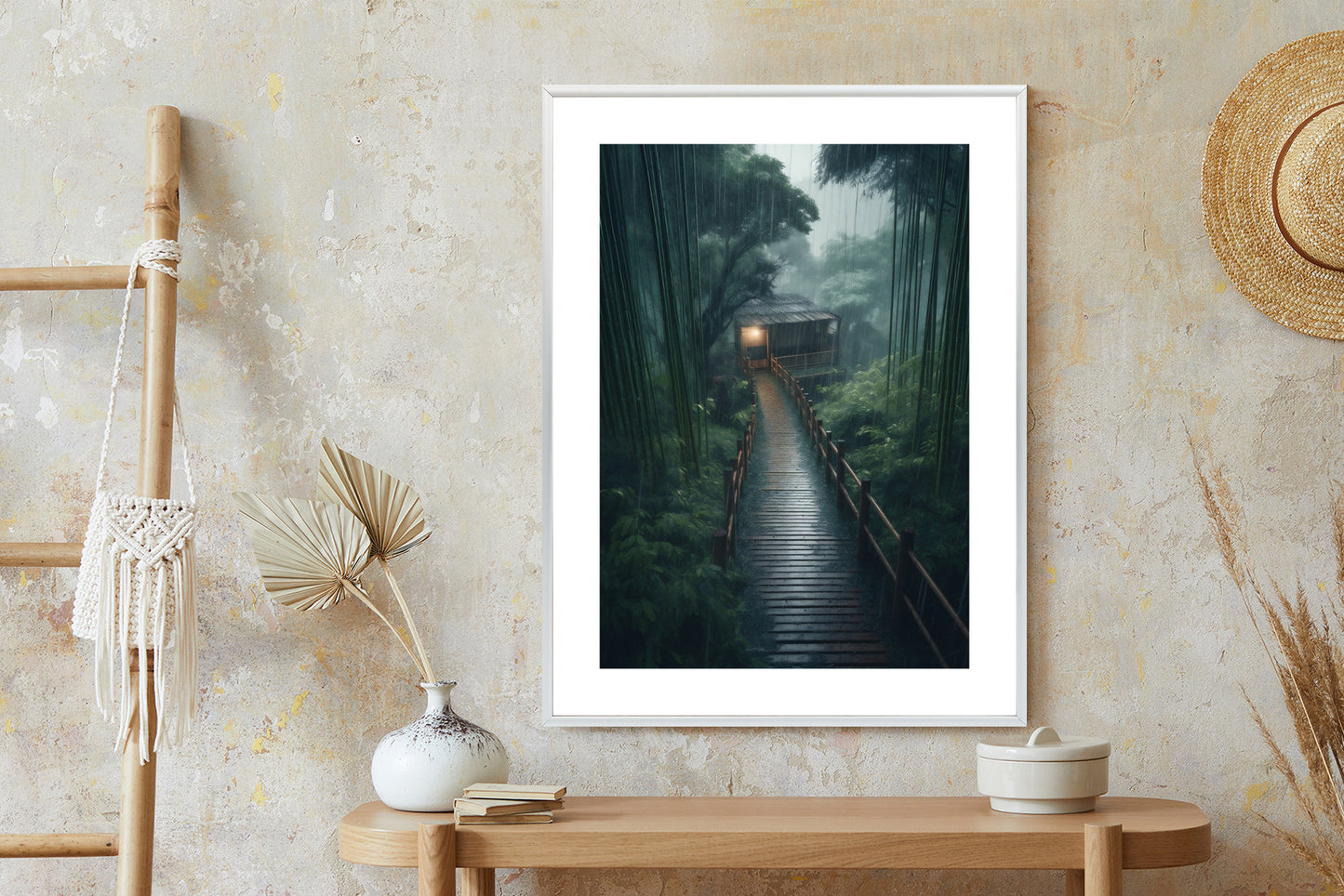 Poster Bambuswald Mit Bambushaus Rahmen Holz Mit Passepartout Farbe Natürlich
