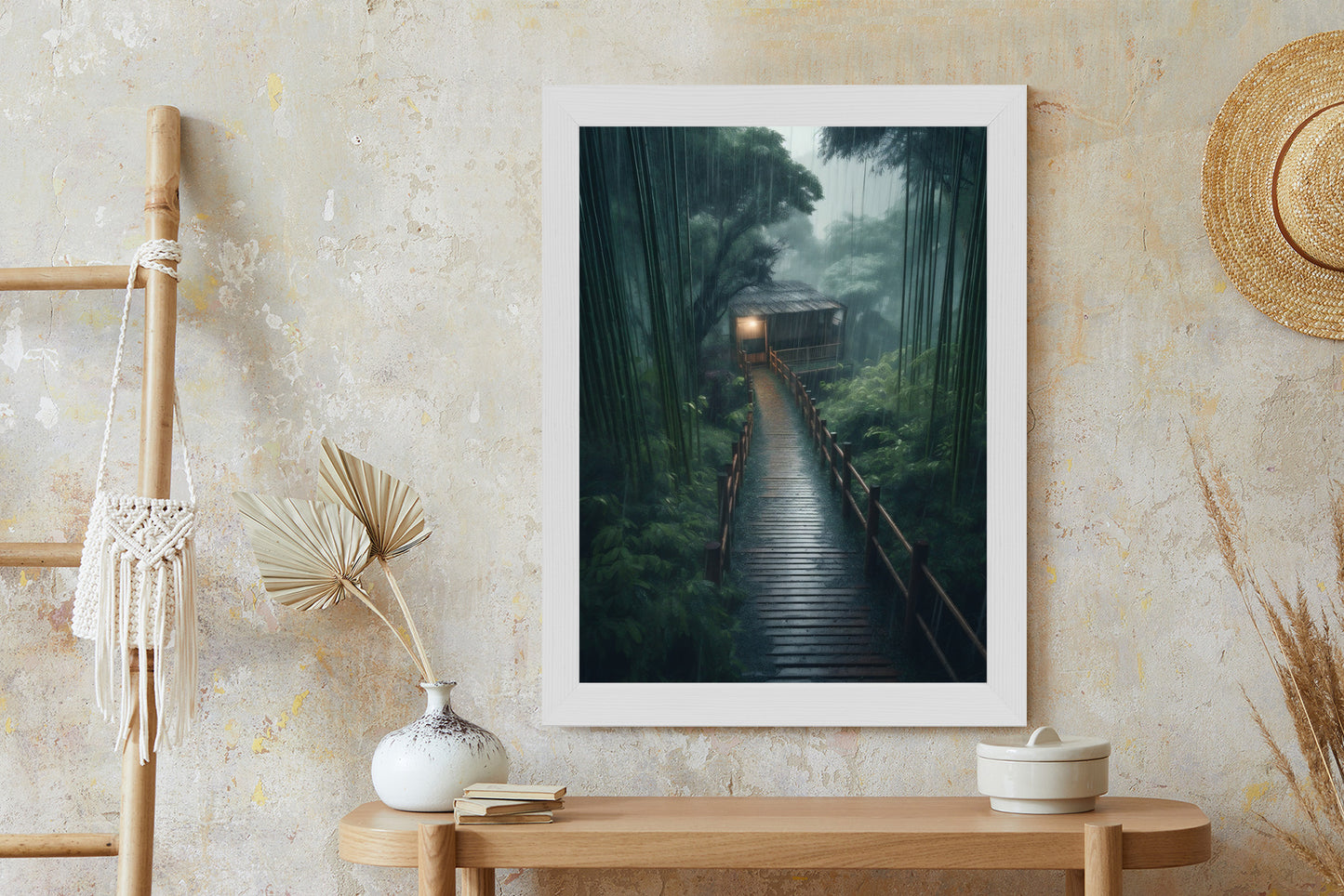 Poster Bambuswald Mit Bambushaus Rahmen Holz Mit Passepartout Farbe Natürlich