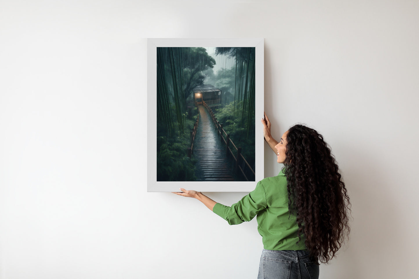 Poster Bambuswald Mit Bambushaus Rahmen Holz Mit Passepartout Farbe Natürlich