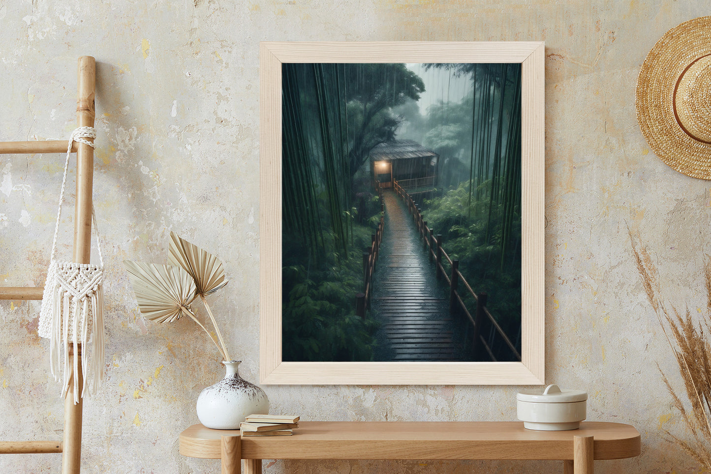 Poster Bambuswald Mit Bambushaus Rahmen Holz Mit Passepartout Farbe Natürlich