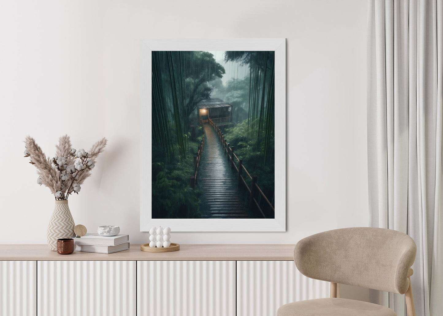 Poster Bambuswald Mit Bambushaus Rahmen Holz Mit Passepartout Farbe Natürlich