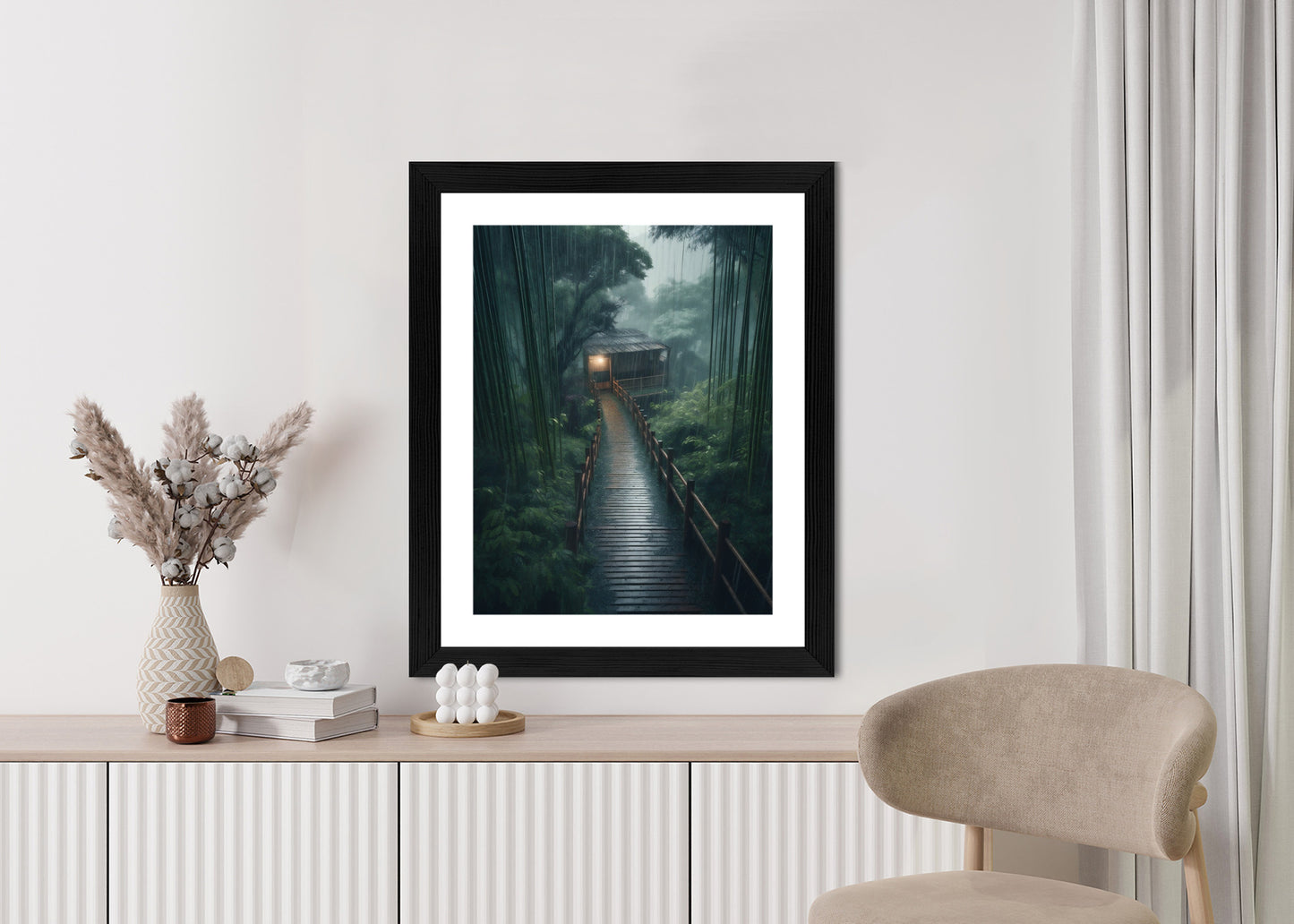 Poster Bambuswald Mit Bambushaus Rahmen Holz Mit Passepartout Farbe Natürlich