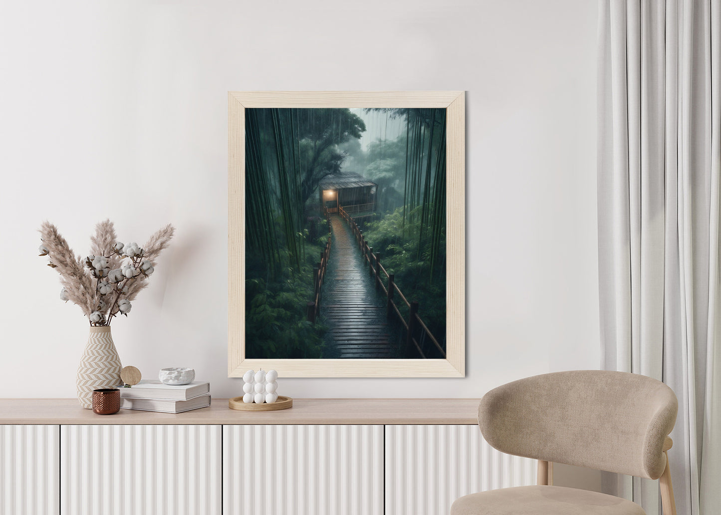 Poster Bambuswald Mit Bambushaus Rahmen Holz Mit Passepartout Farbe Natürlich