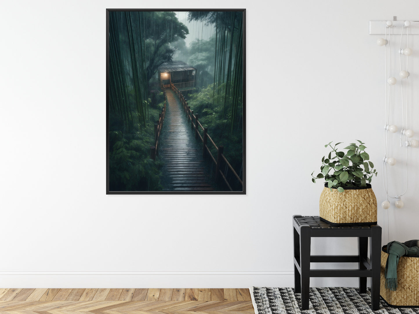 Poster Bambuswald Mit Bambushaus Rahmen Holz Mit Passepartout Farbe Natürlich