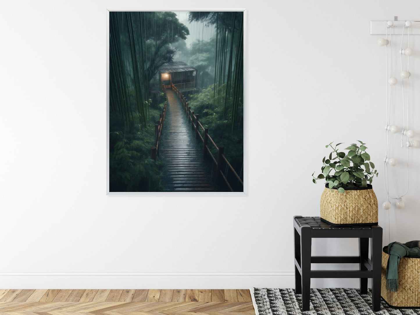 Poster Bambuswald Mit Bambushaus Rahmen Holz Mit Passepartout Farbe Natürlich