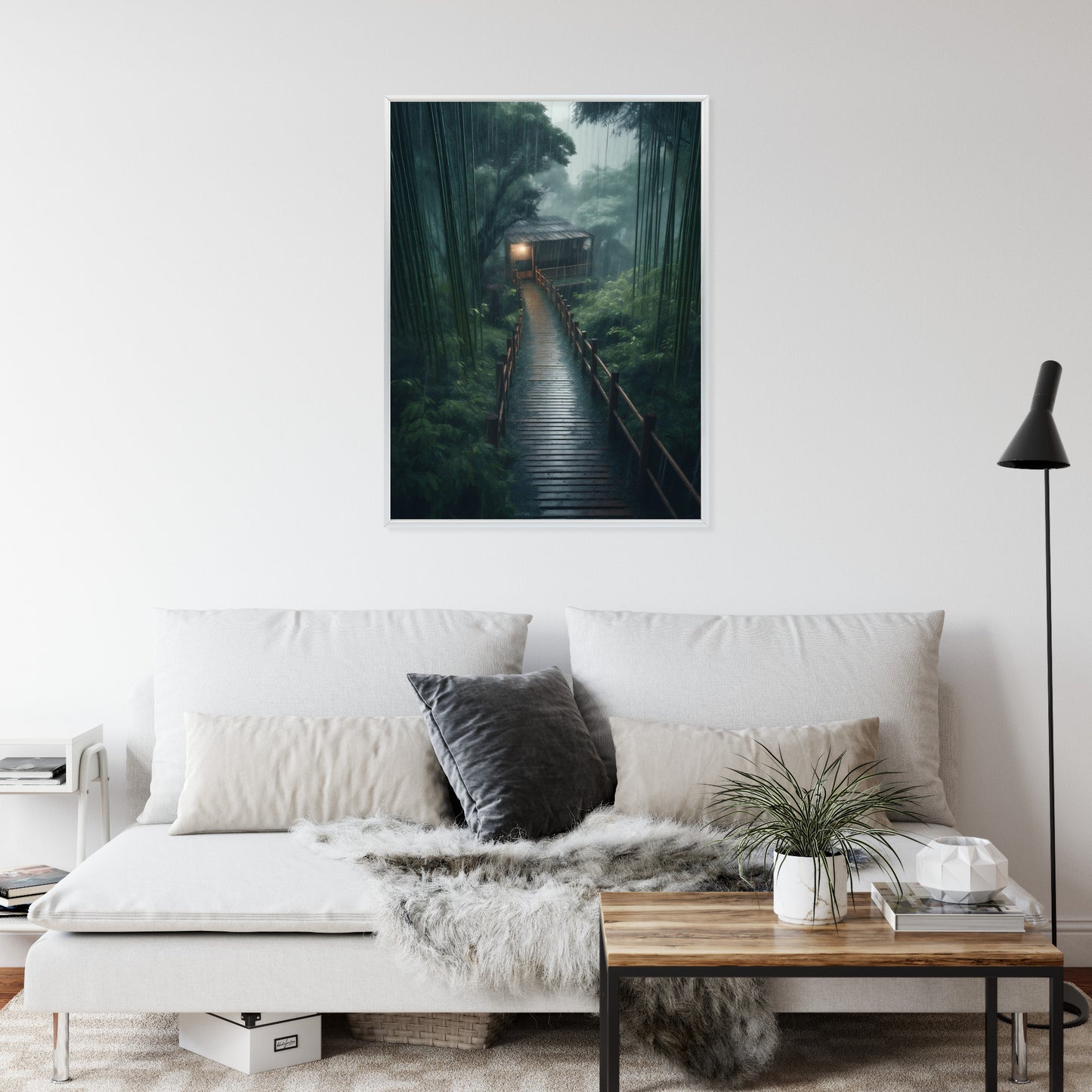 Poster Bambuswald Mit Bambushaus Rahmen Holz Mit Passepartout Farbe Natürlich