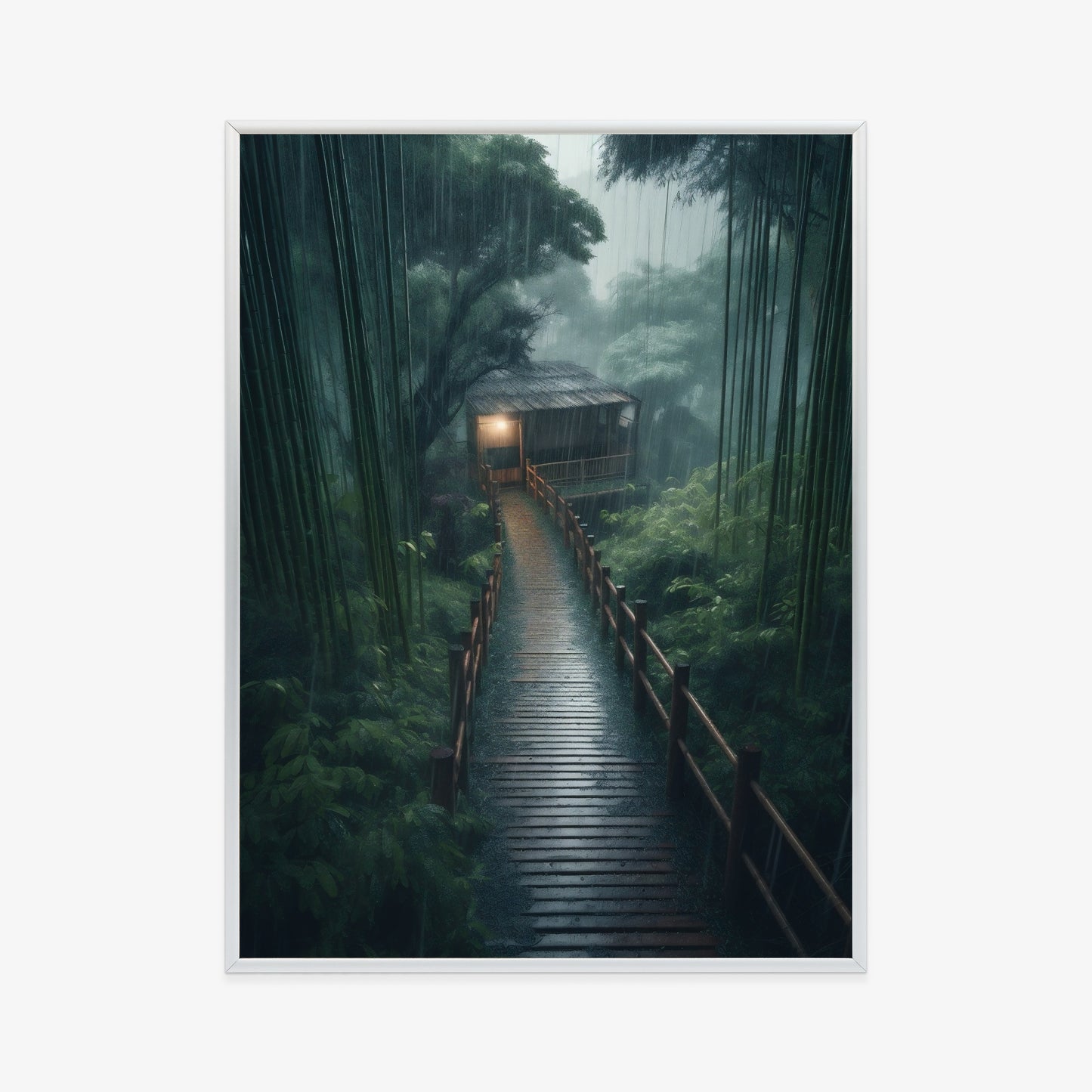 Poster Bambuswald Mit Bambushaus Rahmen Holz Mit Passepartout Farbe Natürlich
