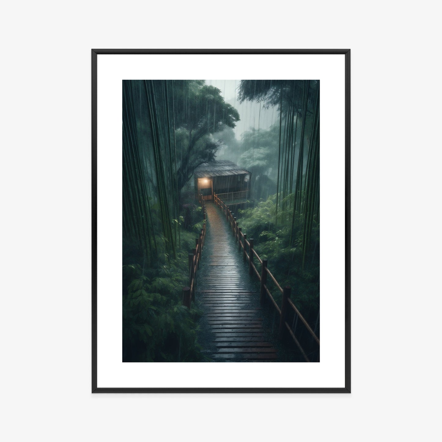 Poster Bambuswald Mit Bambushaus Rahmen Holz Mit Passepartout Farbe Natürlich