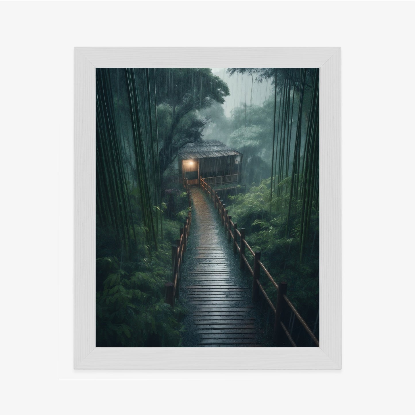 Poster Bambuswald Mit Bambushaus Rahmen Holz Mit Passepartout Farbe Natürlich