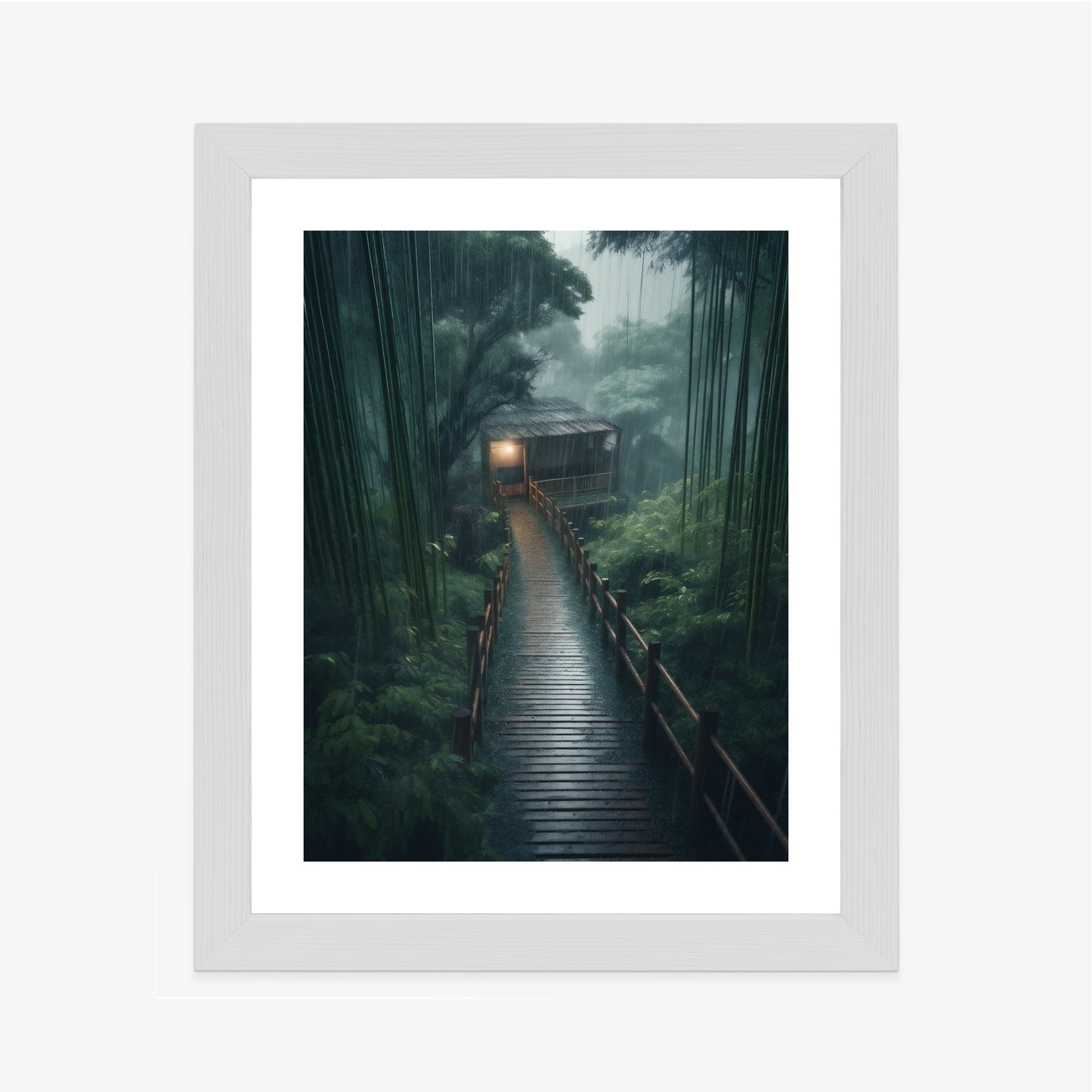 Poster Bambuswald Mit Bambushaus Rahmen Holz Mit Passepartout Farbe Natürlich