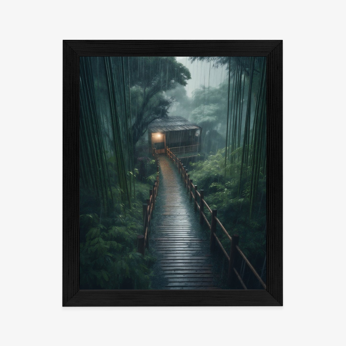 Poster Bambuswald Mit Bambushaus Rahmen Holz Mit Passepartout Farbe Natürlich