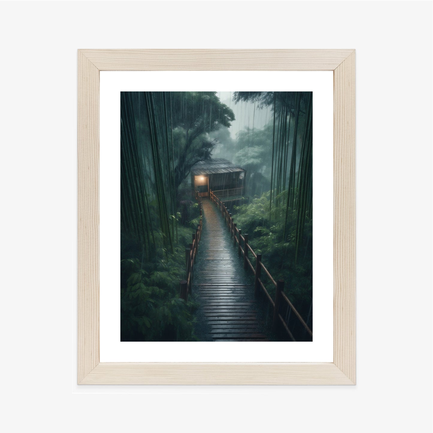 Poster Bambuswald Mit Bambushaus Rahmen Holz Mit Passepartout Farbe Natürlich