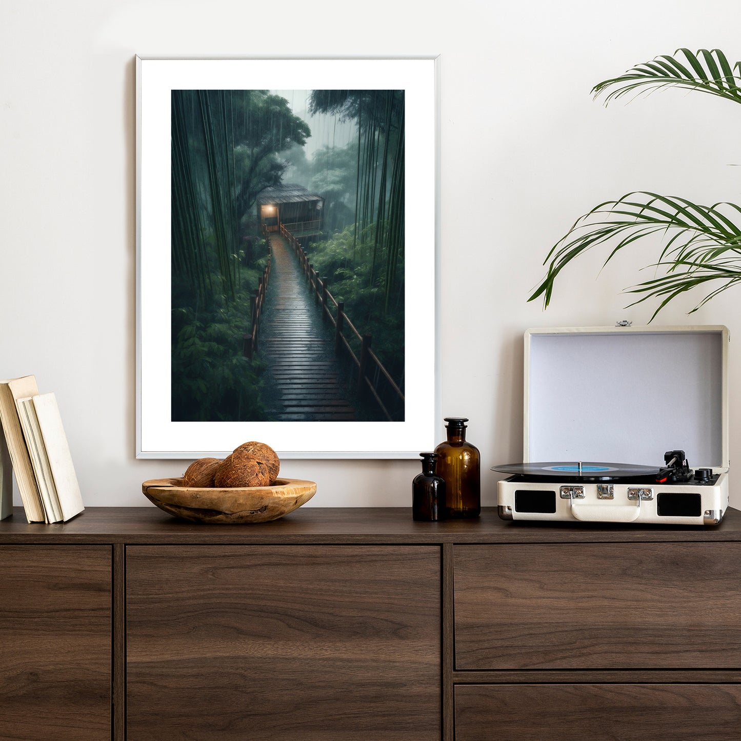 Poster Bambuswald Mit Bambushaus Rahmen Holz Mit Passepartout Farbe Natürlich
