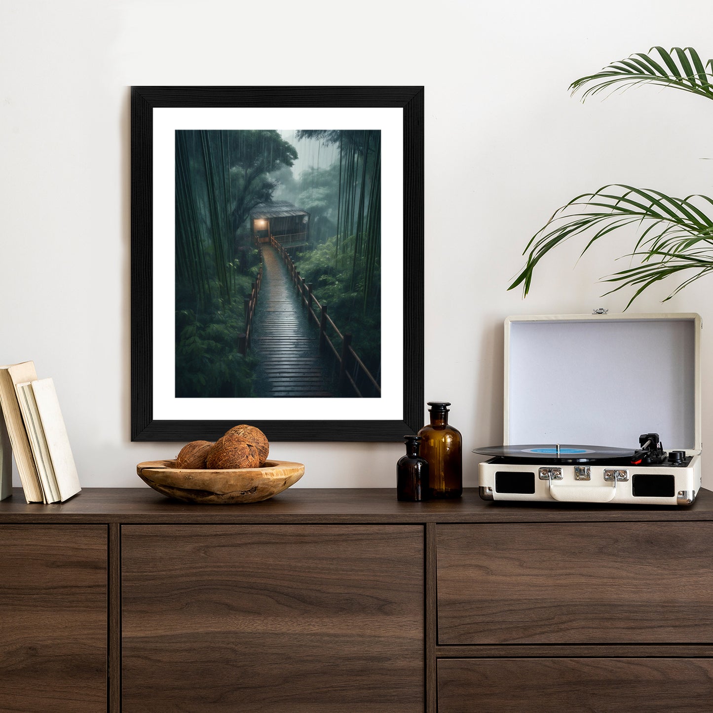 Poster Bambuswald Mit Bambushaus Rahmen Holz Mit Passepartout Farbe Natürlich