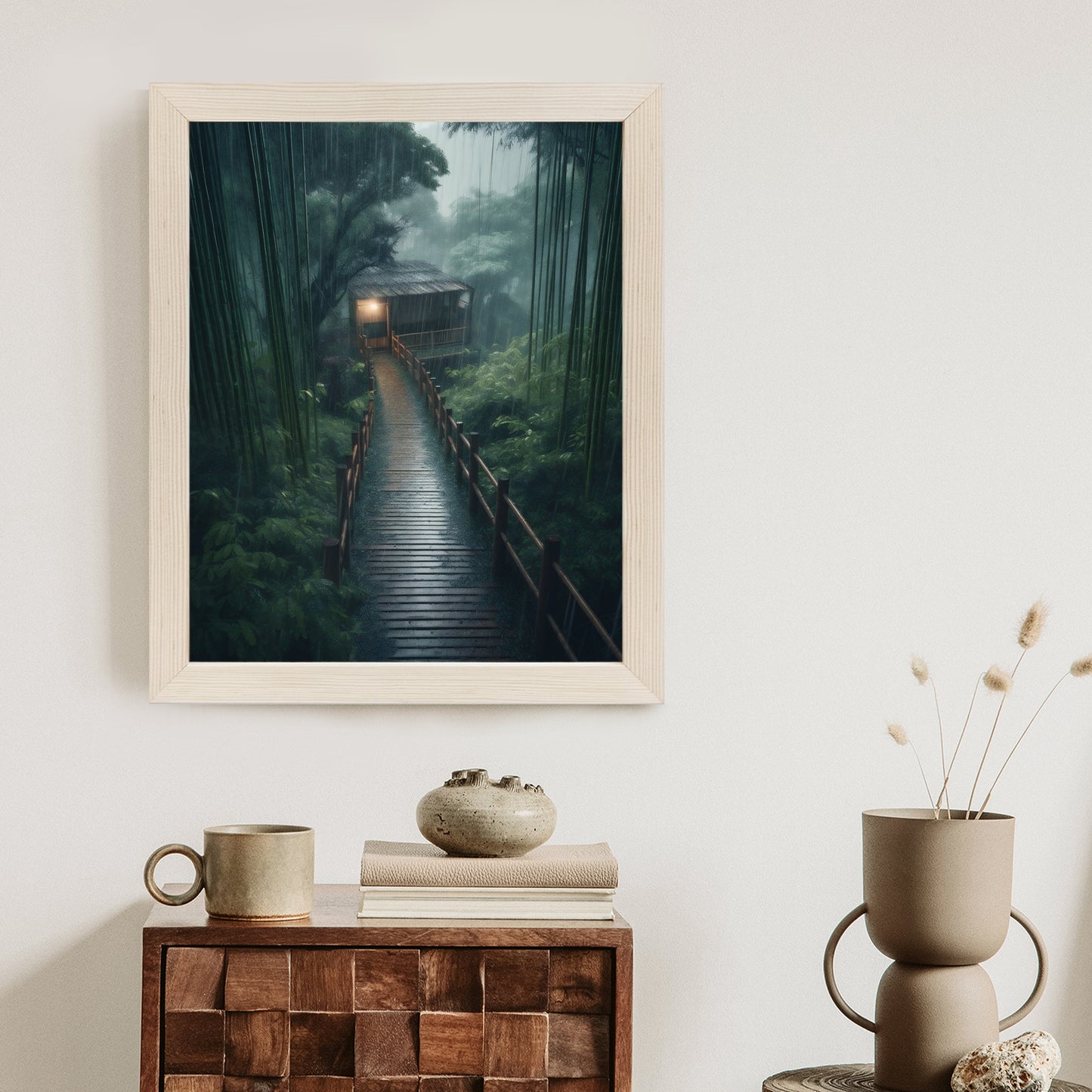 Poster Bambuswald Mit Bambushaus Rahmen Holz Mit Passepartout Farbe Natürlich