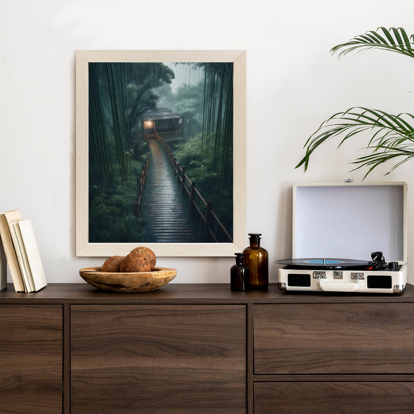 Poster Bambuswald Mit Bambushaus Rahmen Holz Mit Passepartout Farbe Natürlich