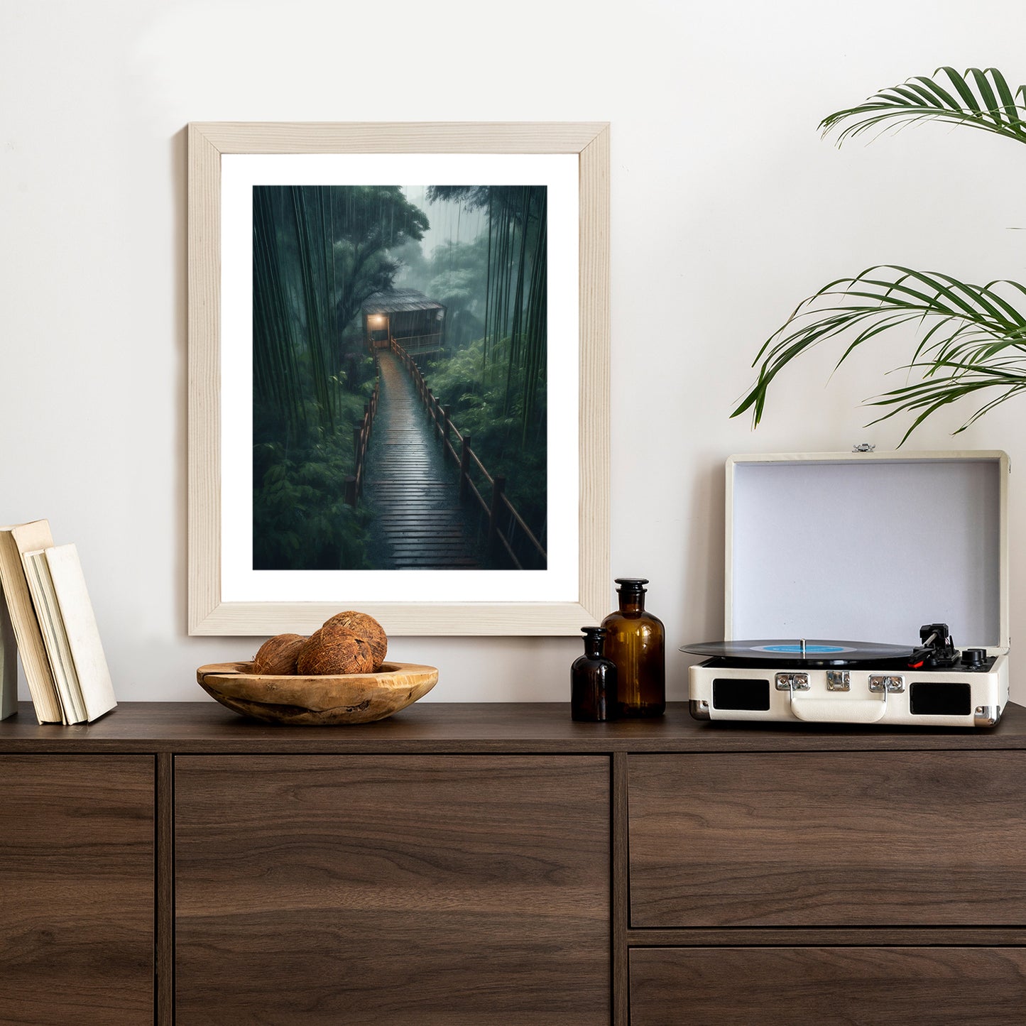 Poster Bambuswald Mit Bambushaus Rahmen Holz Mit Passepartout Farbe Natürlich