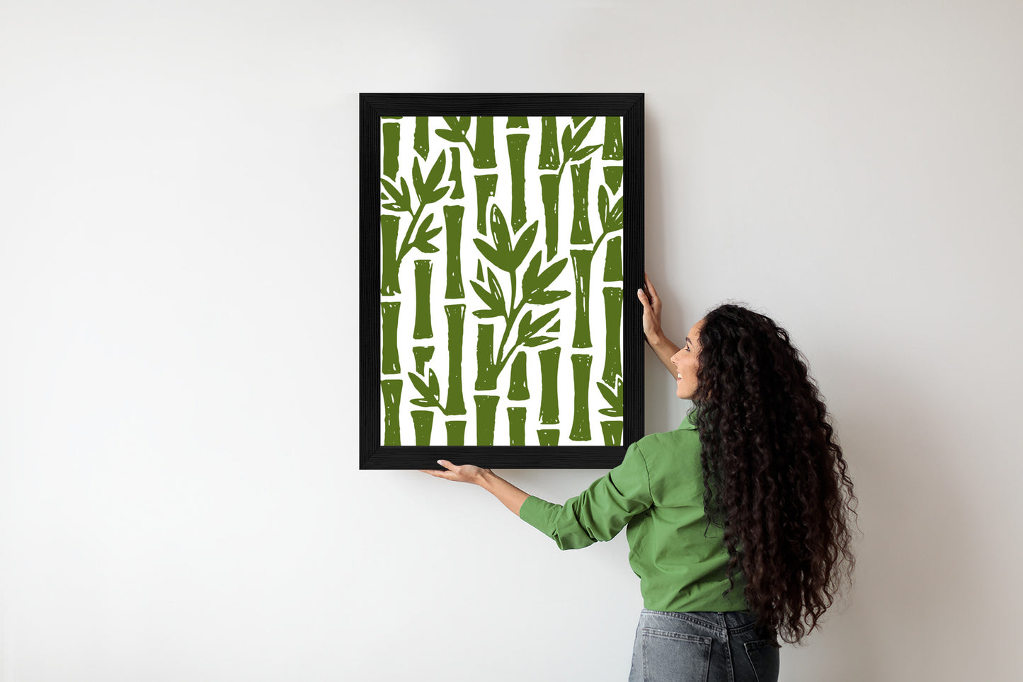 Poster Grüne Bambusbäume Mit Blättern Rahmen Holz Mit Passepartout Farbe Natürlich