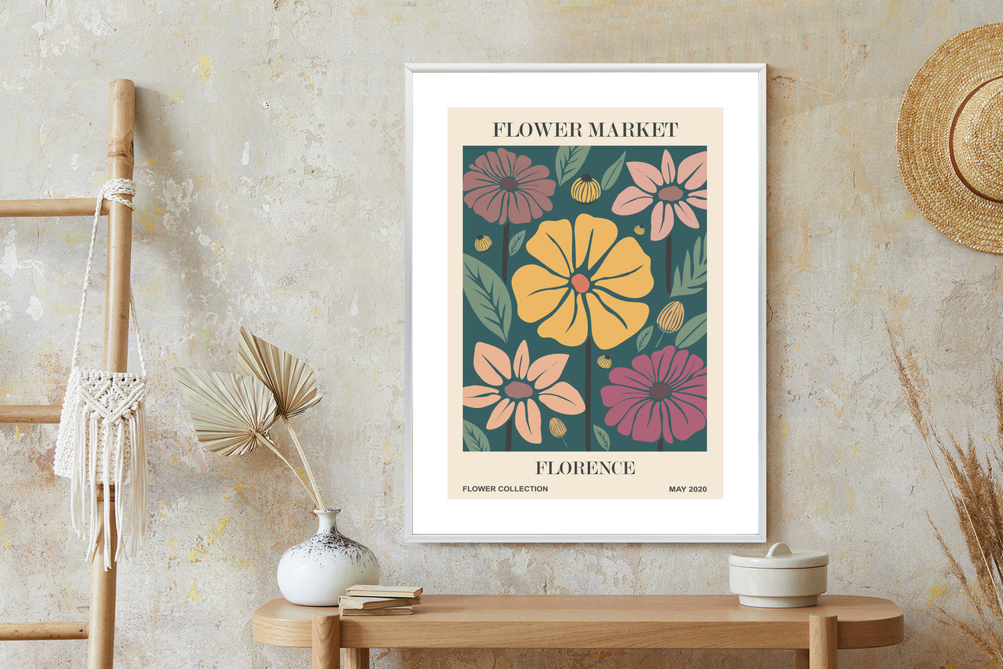 Poster Blumenmarkt In Florenz Rahmen Holz Mit Passepartout Farbe Natürlich