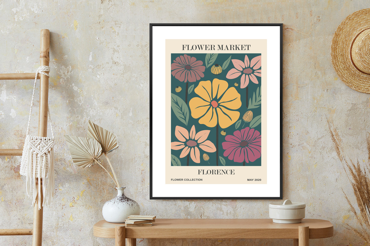 Poster Blumenmarkt In Florenz Rahmen Holz Mit Passepartout Farbe Natürlich