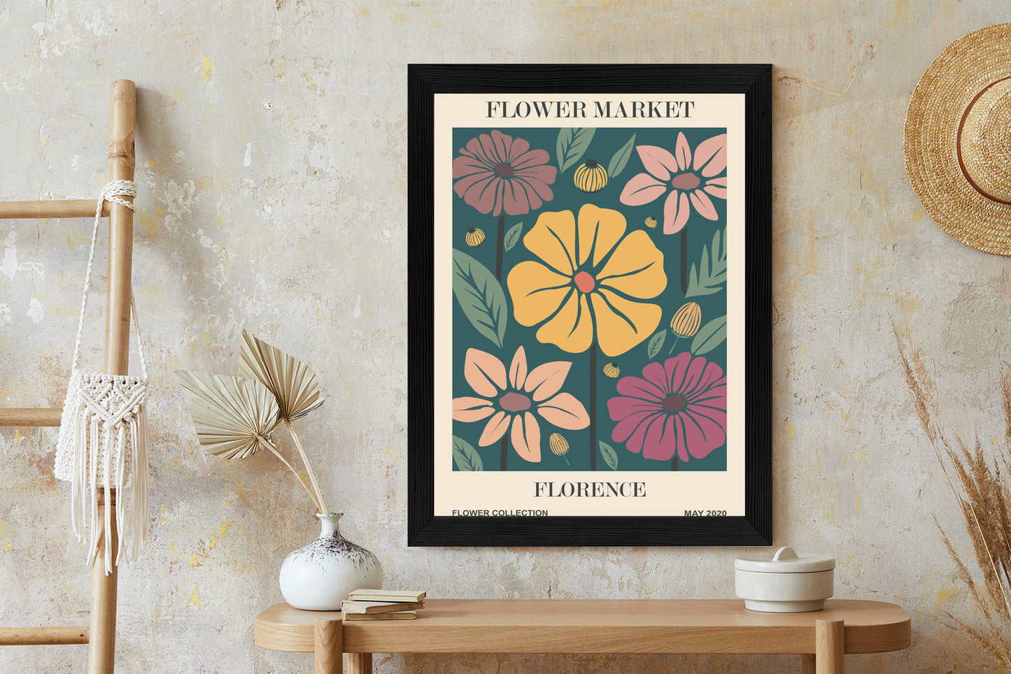 Poster Blumenmarkt In Florenz Rahmen Holz Mit Passepartout Farbe Natürlich