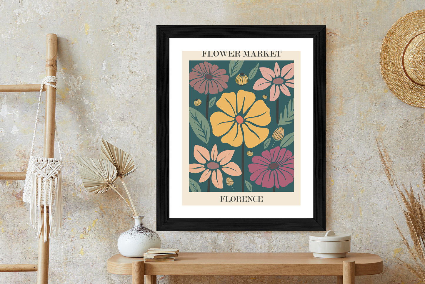 Poster Blumenmarkt In Florenz Rahmen Holz Mit Passepartout Farbe Natürlich